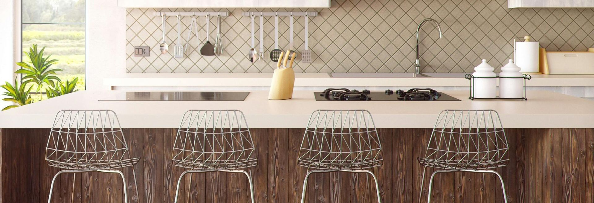Chic minimalist kitchen design featuring wooden accents and modern bar stools.